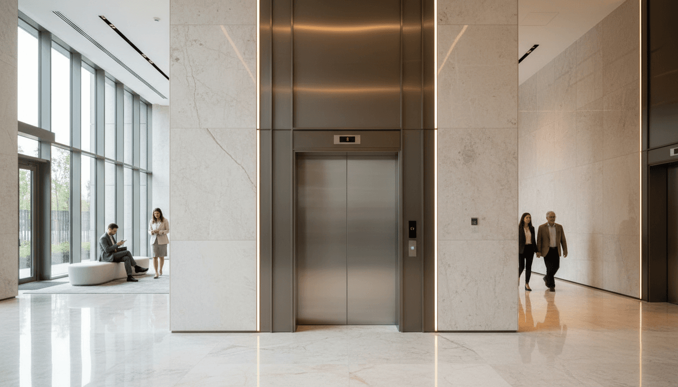 Modern commercial elevator with stainless steel doors in a professional building lobby
